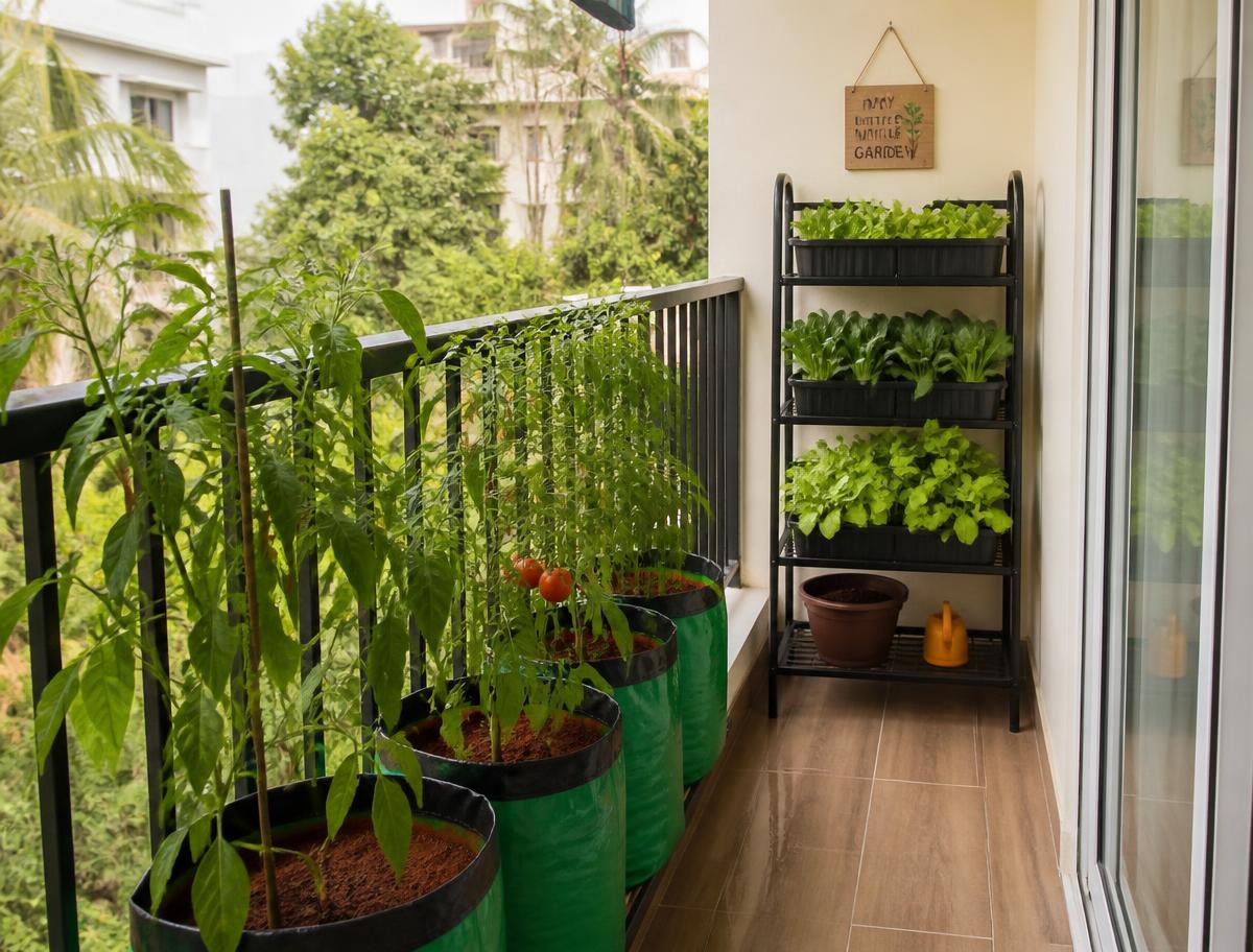 Balcony-യിൽ grow bag-കളിൽ വളരുന്ന ചെറിയ kitchen garden